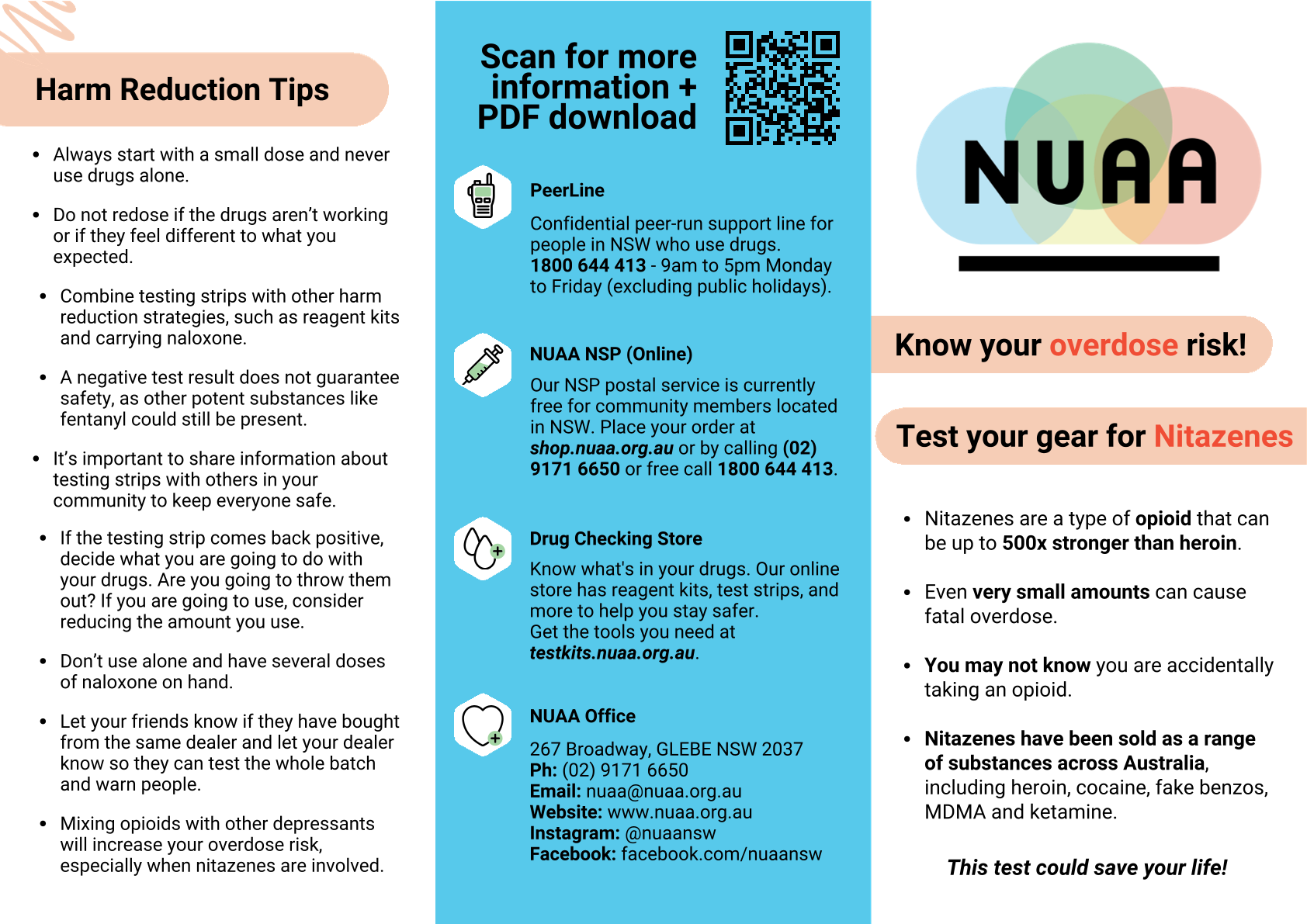 Nitazene testing flyer with QR code and NUAA logo