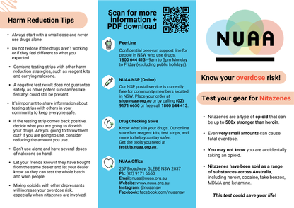 Nitazene testing flyer with QR code and NUAA logo