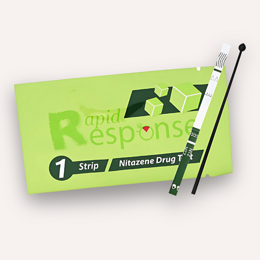 Nitazene test strip with green box labelled 'Rapid Response' on a white background