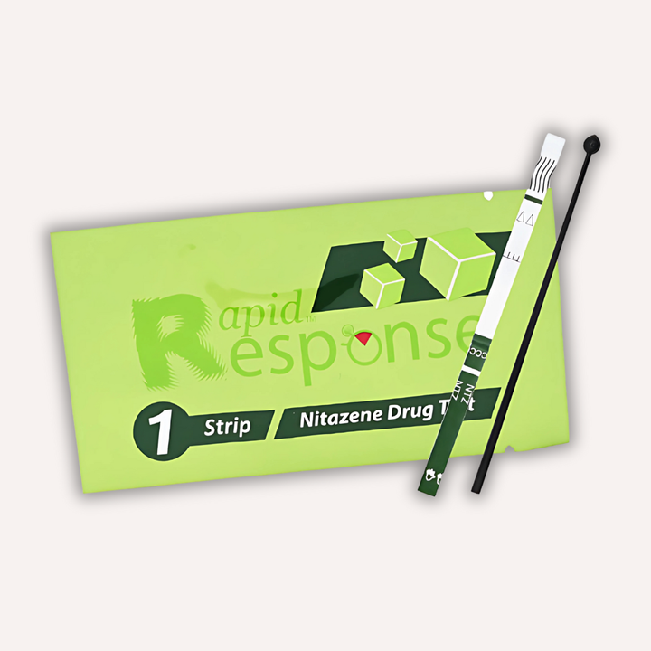 Nitazene test strip with green box labelled 'Rapid Response' on a white background